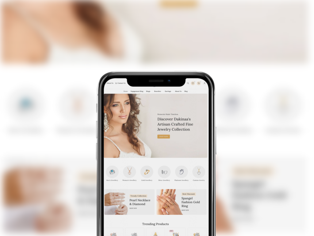 Dakinaa - Fine Jewellery 3 Mobile view of the Dakinaa jewelry website homepage featuring various jewelry collections
